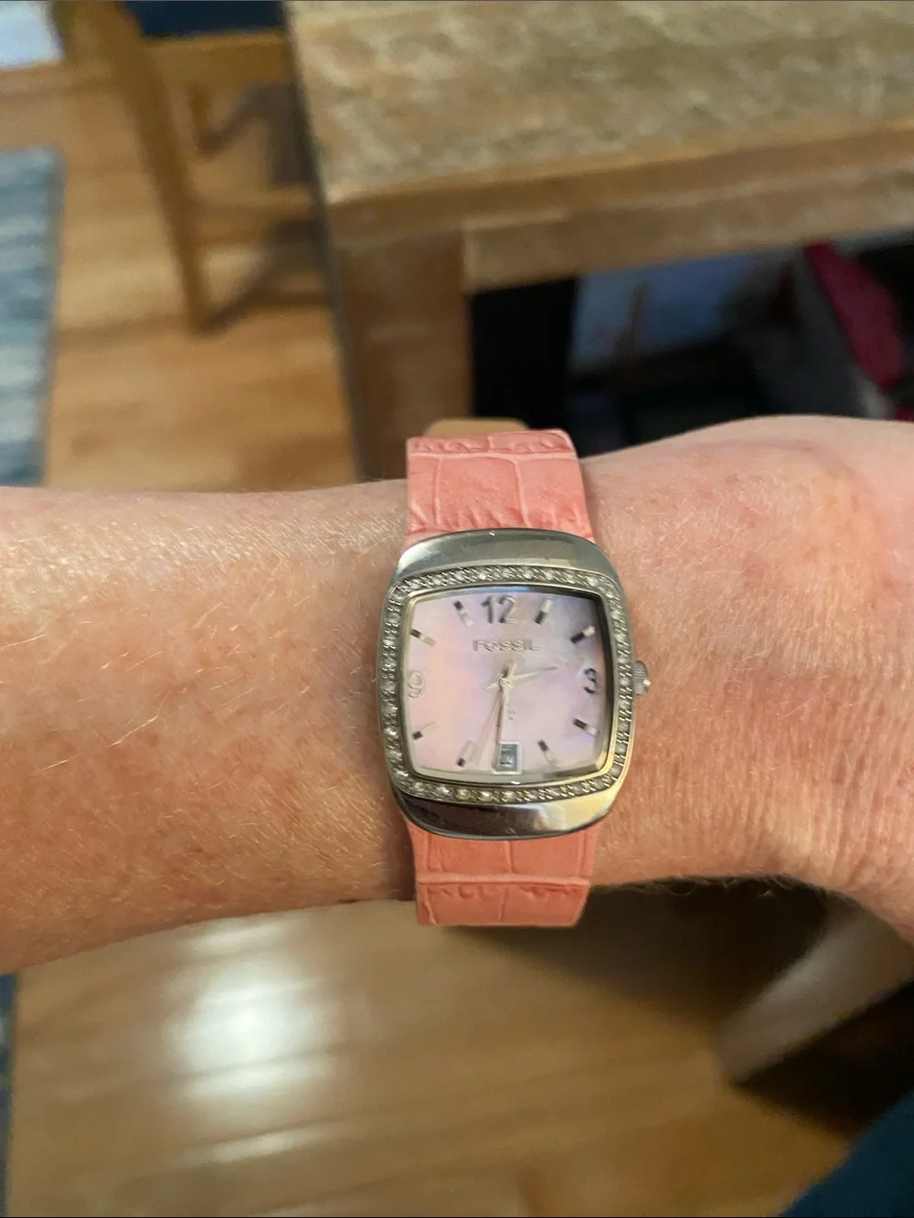 Fossil Pink Croc-Embossed Leather Square Watch with Crystal Bezel